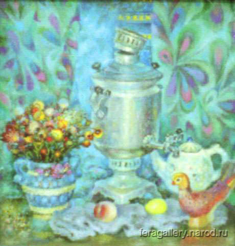 Still life with samovar - painting, oil on canvas